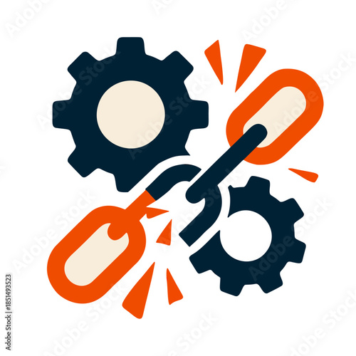 Icon for supply chain resilience or disruption, featuring a stylized combination of interlocking gears and a broken chain, with a bold and modern design, set against a neutral background