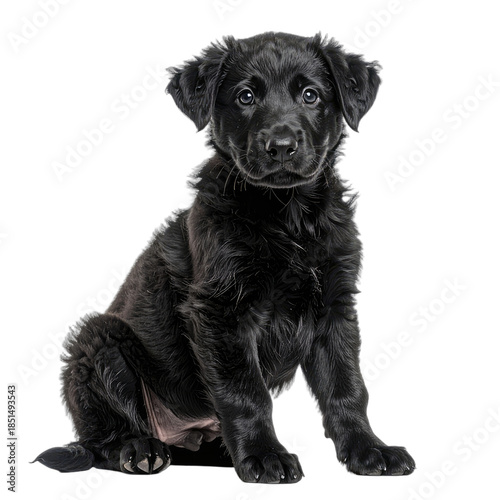 A captivating close-up studio portrait of a fluffy black Labrador puppy against a solid black background.