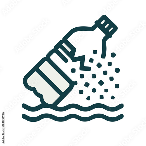 Icon "Microplastic Pollution": a plastic bottle breaking into tiny particles in water.