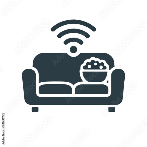 Icon "Binge-Watching": a sofa with signal waves (like wifi) and a bowl of popcorn.