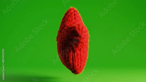 Soft red knitted star object rotating on a green screen background for festive holiday concept and customizable chroma key animation
