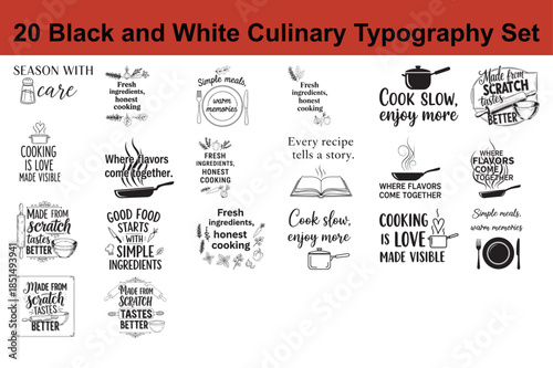 Culinary typography set with handwritten phrases and illustrations for kitchen and cooking themes