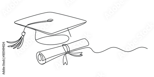 Graduation hat continuous line drawing, university cap and diploma scroll in single line art, education concept.