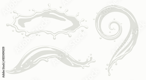 A set of stylized vector illustrations showcasing dynamic milk splashes and swirls, perfect for culinary projects, product designs, or creative visuals on a clean white background.