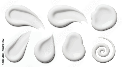 A set of milk swirls and drops displayed on a white backdrop, perfectly illustrating the creamy texture and smooth consistency in a clean, minimalist style.