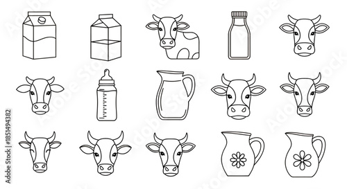 A black and white vector illustration showcasing a variety of milk-related objects, including cartons, bottles, baby bottles, cow faces, and pitchers, perfect for dairy product designs.