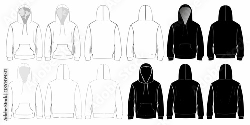 Technical fashion illustration of various hoodie designs in black and white