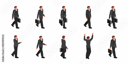 Isometric businessmen walking in various poses with briefcases a visual sequence