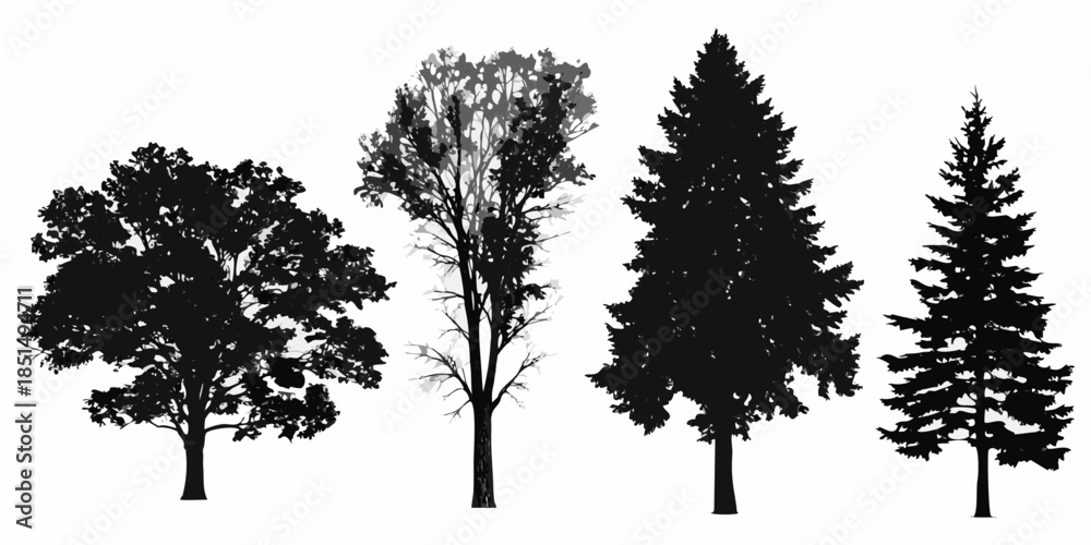 Fototapeta premium Silhouettes of four different tree types against a white background