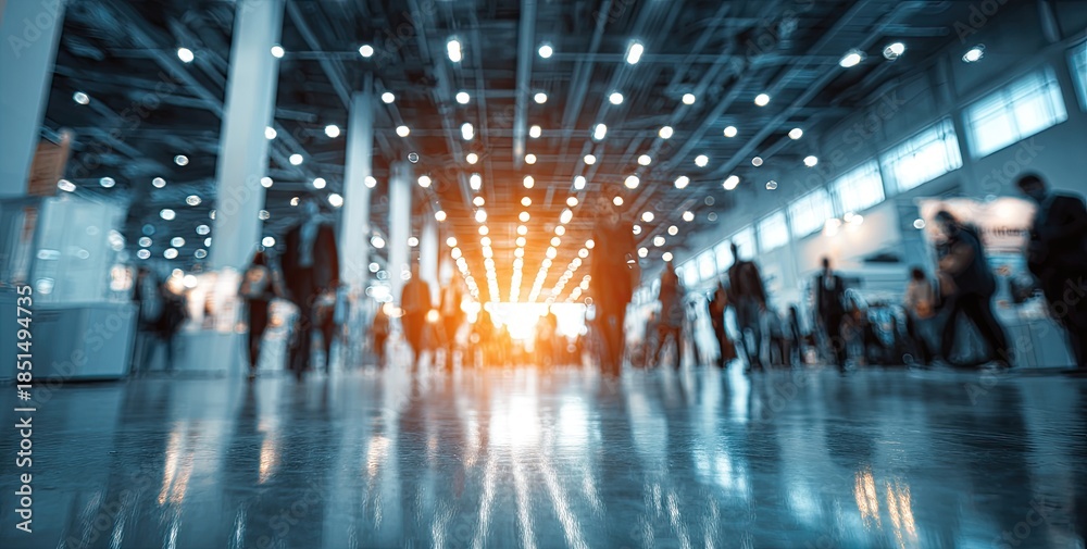 Fototapeta premium Blurred crowd in brightly lit, modern convention hall