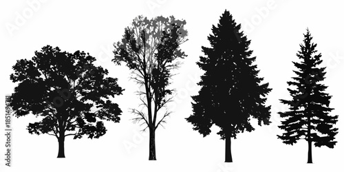 Silhouettes of four different tree types against a white background