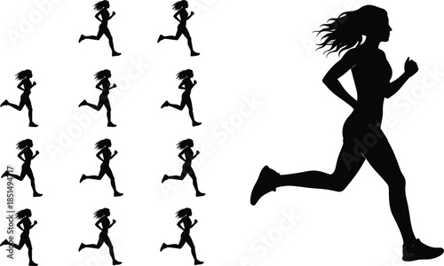 Female runner sprinting exercise silhouette, woman jogging or running marathon with long hair flowing, black vector illustration.