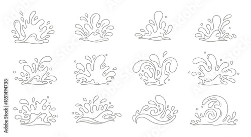Collection of vector illustrations showing various water splashes and flowing liquid designs, ideal for representing freshness or beverage-related concepts in graphic projects.