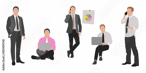 Group of business people in various poses using technology and working