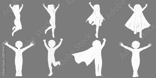 Silhouettes of joyous figures with arms raised in celebration and movement