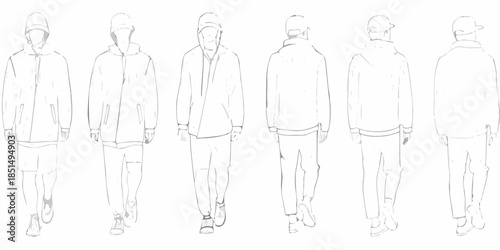 Fashion sketch of male figures in various casual outerwear styles