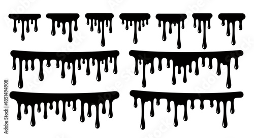An assortment of black dripping liquid shapes, reminiscent of melting chocolate or stylized milk, presented as versatile vector graphics for design.