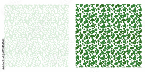 Two abstract patterns a light sparse design and a dense dark green form