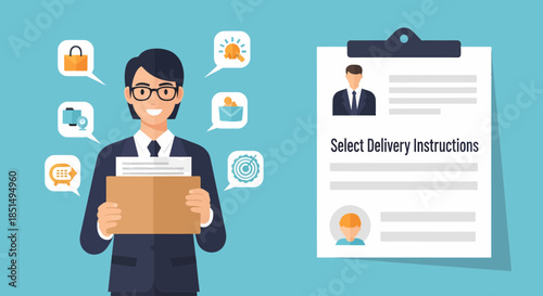 Man With Business Documents Delivering Package With Online Choices