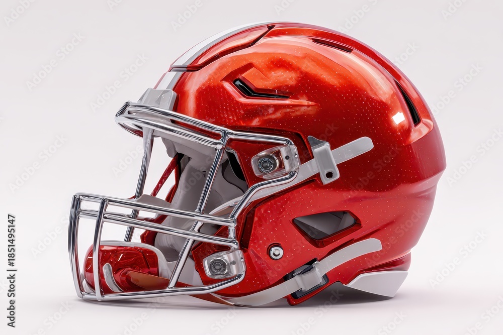 Fototapeta premium Bright red football helmet displayed against a clean background, showcasing its design and craftsmanship along with protective features for players