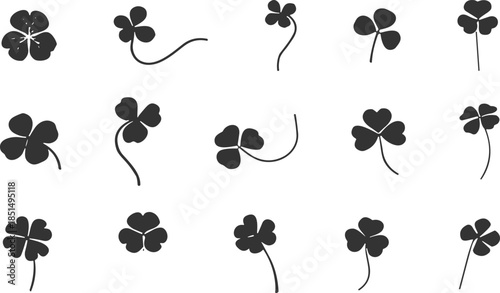Clover silhouette collection, botanical leaf icons, lucky plant shapes, nature symbols, black vector clovers, minimal foliage design, shamrock elements
