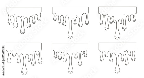 A set of six stylized vector outlines depicting white liquid drips, perfect for graphic design elements and creative projects.