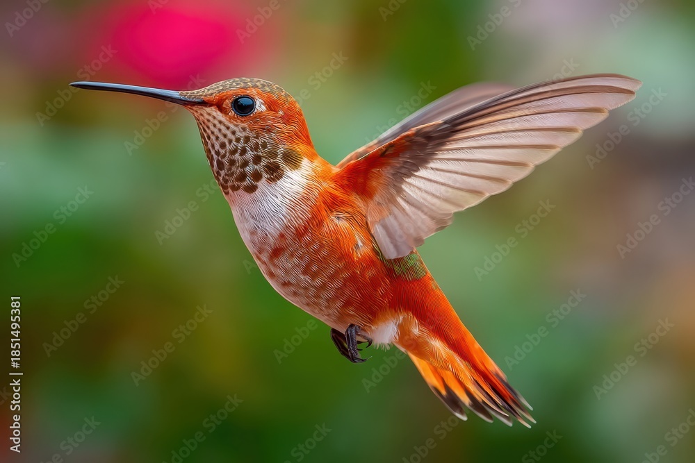 Obraz premium Colorful hummingbird hovering in a vibrant garden, capturing the essence of nature with its delicate wings and vibrant feathers on a sunny day