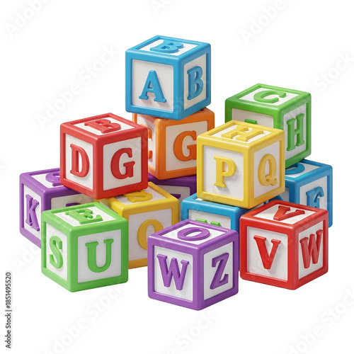 A pile of colorful alphabet blocks with letters on them against a clean white background.