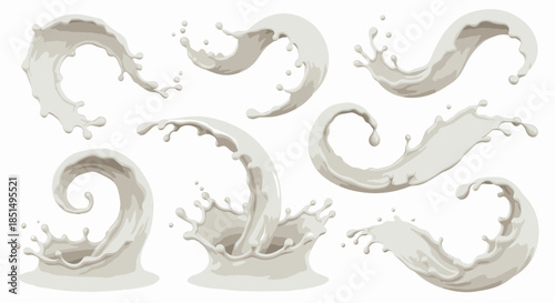 Dynamic vector illustration showcasing a collection of realistic milk splashes and flowing liquid elements, perfect for dairy product packaging and beverage design.