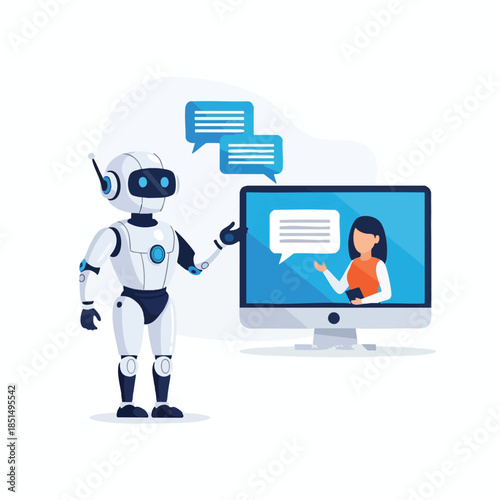 Wallpaper Mural A robot presents a computer screen to a woman, speech bubbles above Torontodigital.ca