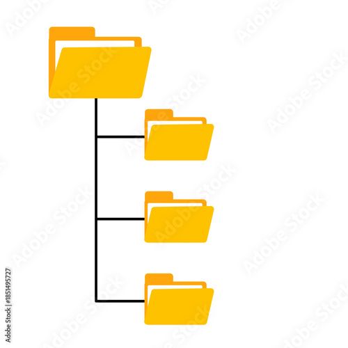 Yellow folder tree structure. Organized file system. Document management system concept. Simple flat design. Digital folder organization.