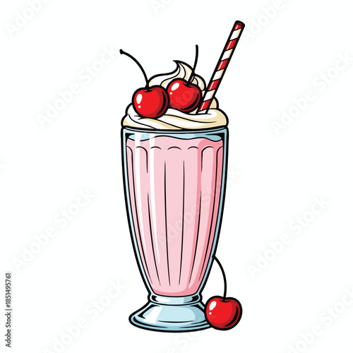 A pink milkshake, topped with whipped cream, cherries, and a striped straw
