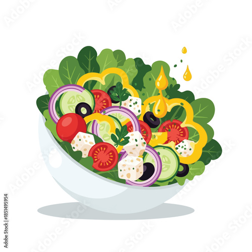 A colorful, fresh salad in a white bowl with drizzled dressing