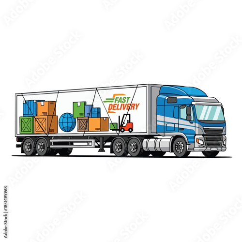 Vector illustration of a blue and white semi-truck with cargo, transporting boxes