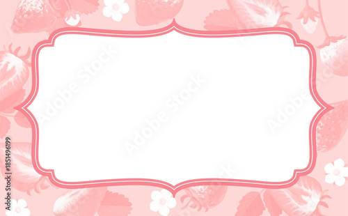 手描きの苺イラストアンティークフレーム_文字なし横_ピンク一色背景