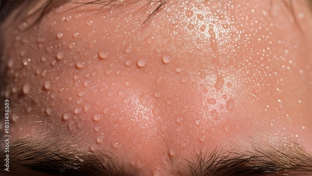 Fototapeta premium Close-up of a sweaty forehead with visible droplets of sweat.