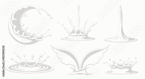 Collection of vector illustrations showcasing dynamic milk splashes, drips, and ripples, ideal for use in food and beverage designs with a clean, minimalist aesthetic.