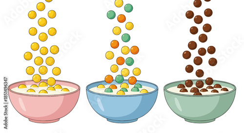 Colorful cereal balls are falling into bowls of milk, creating a visually appealing and inviting breakfast scene, perfect for illustrating healthy eating habits in a vector format.