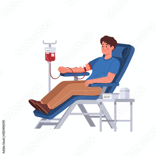 A man donates blood, connected to a bag, seated in a reclined chair