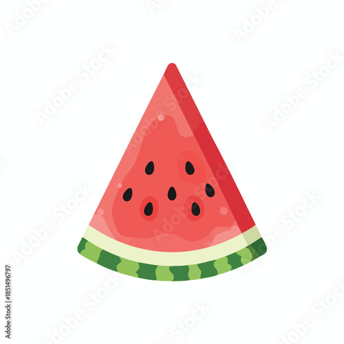 A red watermelon wedge with black seeds and a green rind on a white background