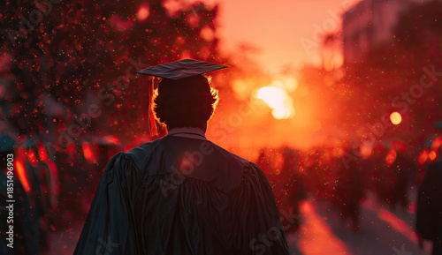Graduate in cap and gown walks toward sunset with friends