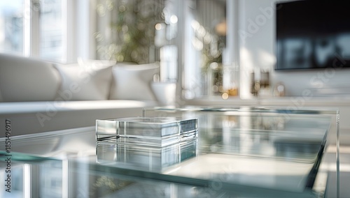 A modern living room with soft light illuminating a glass coffee table