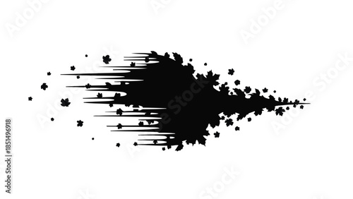 Abstract dynamic black ink splash dissolving into particles on white background