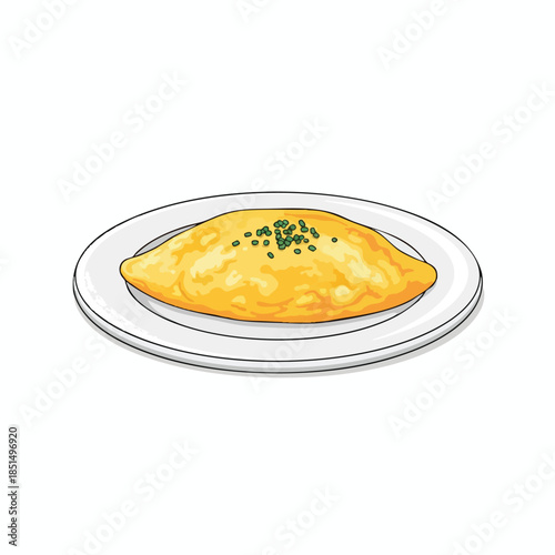 A golden, cooked omelette, topped with green herbs, rests on a white plate