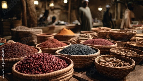 A vibrant marketplace displays mounds of colorful spices in woven baskets