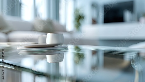 A coffee table with two cups, reflecting a blurred modern living room