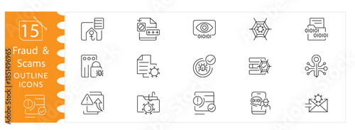 Fraud and Scams Icon Set. Security and Risk Line Icons Including Online Fraud, Scams, Hacking, Phishing, Warning, Protection, Alert and Financial Risk Concepts. Editable Stroke. Vector Illustration.