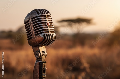 Vintage microphone on stand in a sunlit, dry grassy landscape