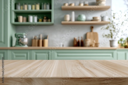A bright, soft-focus view of a charming, light wood countertop with kitchen shelves