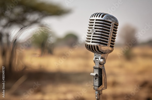 Vintage microphone stands on a post against a blurred, sun-drenched outdoor landscape